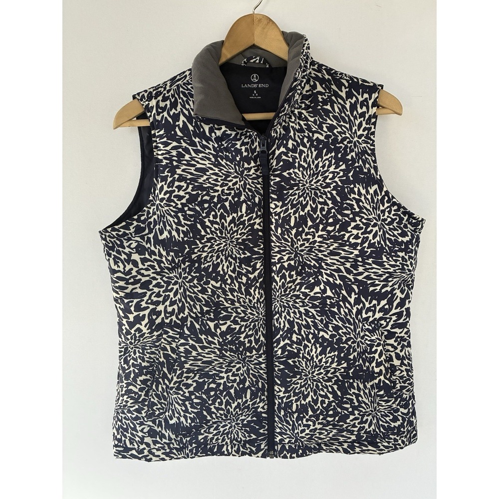 LANDS END Feather Down Zip Puffer Vest Navy Blue White Womens‎ Small